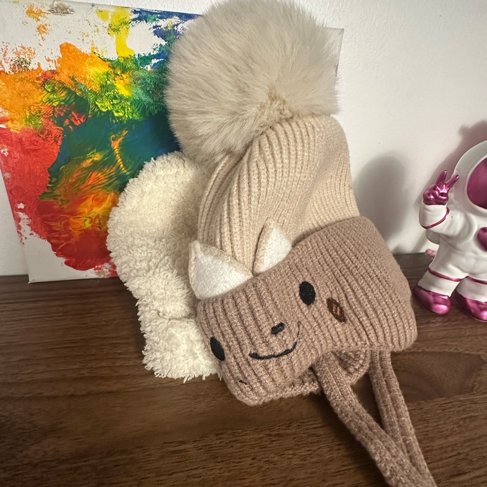 Adorable Cream Knit Kids Hat with Pom Pom